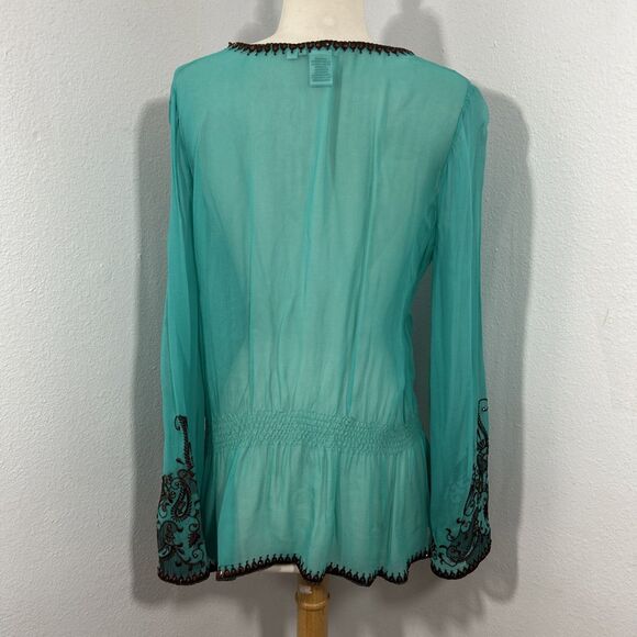Cache Blouse Womens S Green Silk Sheer Embroidered Boho Peasant Top - Picture 4 of 10
